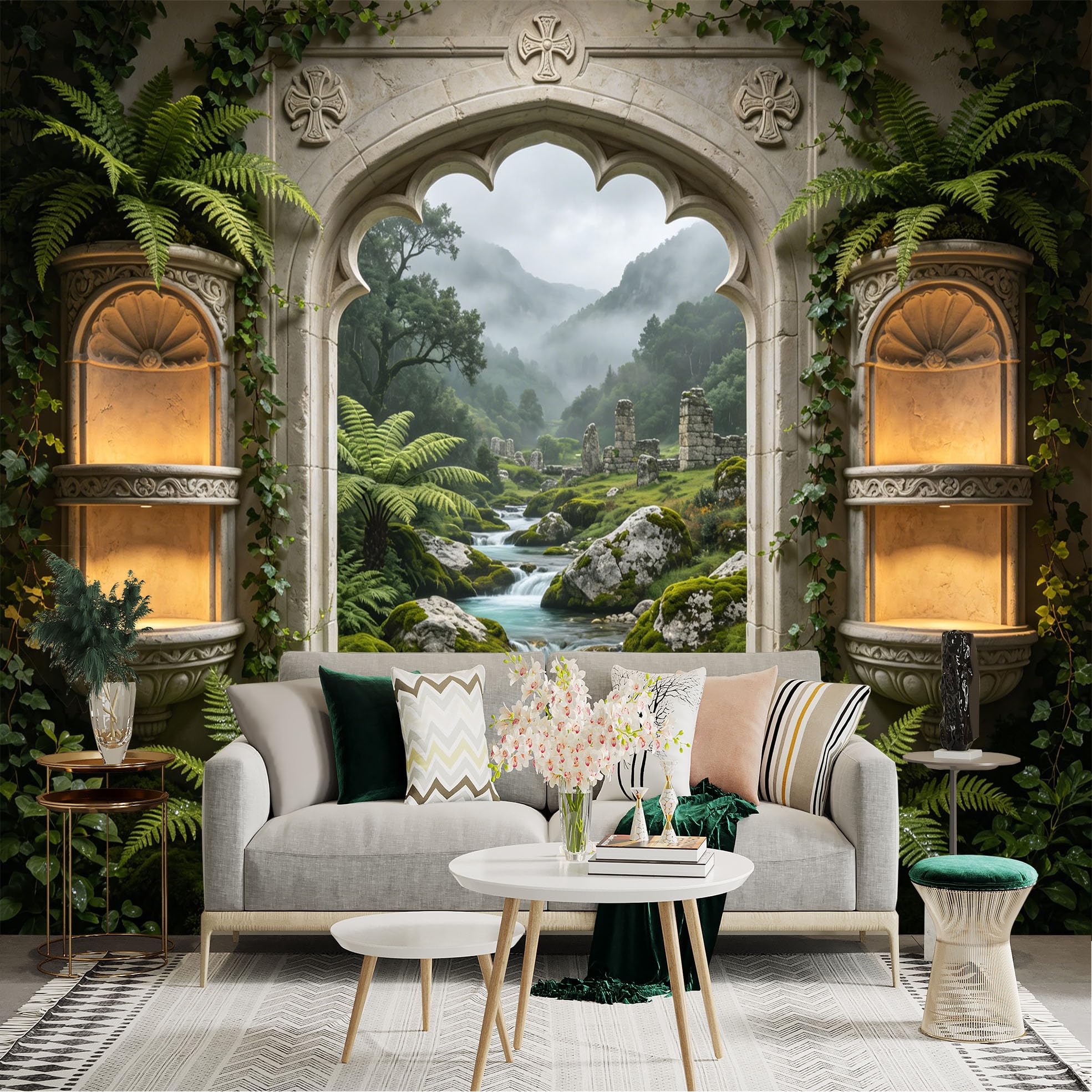 Lnzczhyre Dbh260521475 Custom Size Wall Sticker Mural， Ancient Stone Archway， Misty Forest River， Lush Ferns And Mossy Rocks， For Wall Decoration， Peelandstick Wall Decals.
