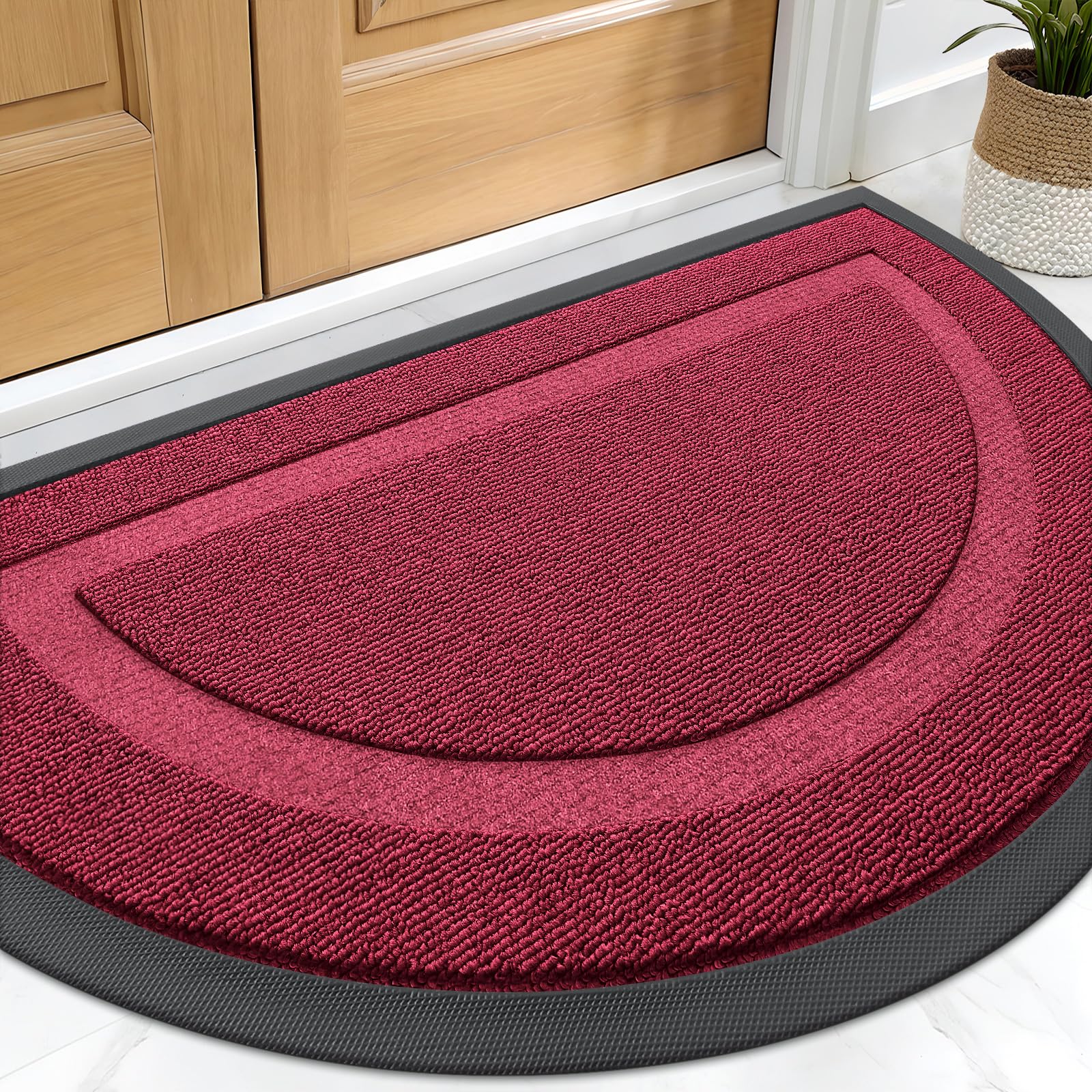 OLANLY Half Circle Front Door Mat Outside 29.5x17 All-Season Rubber Doormat | Burgundy, Absorbent, Heavy-Duty, Stain Fade Resistant, Waterproof Non-Slip Backing, Low-Profile Indoor Outdoor Entryway Mat