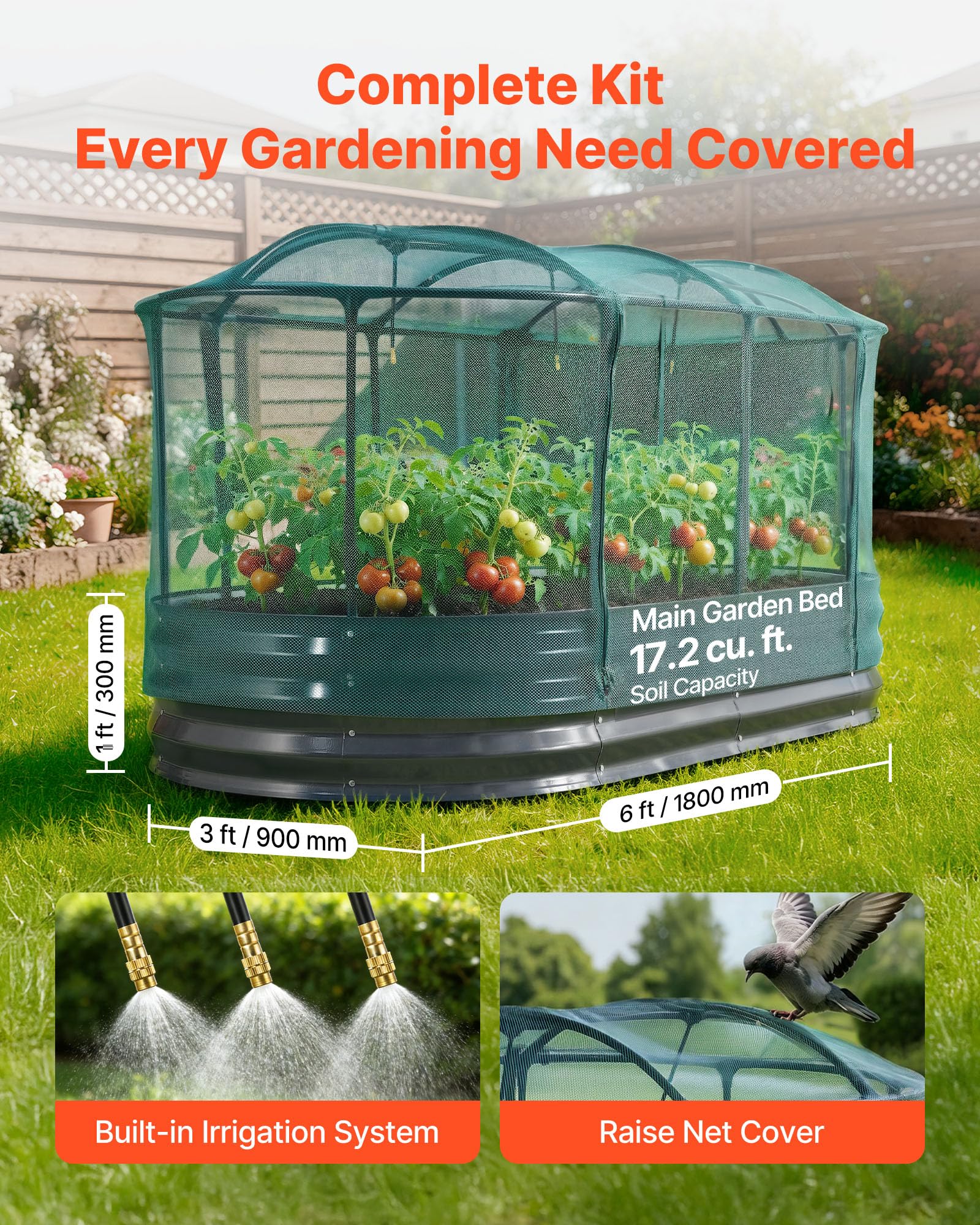 VEVOR Potager Surélevé Métal 180x90x30 cm Carré Potager Surélevé à Arrosage Auto Lit de Jardin Ovale pour Culture Légumes Fleurs, Fond Ouvert, Galvanisé Aluminium-Zinc, avec Housse Filet, Gris Foncé