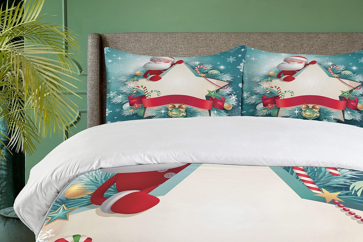 Ambesonne Christmas Duvet Cover Set, Santa Claus Star Banner Snowflakes Ribbon and Candy Cane Tree Winter Season Theme, Decorative 3 Piece Bedding Set with 2 Pillow Shams, Queen Size, Red White