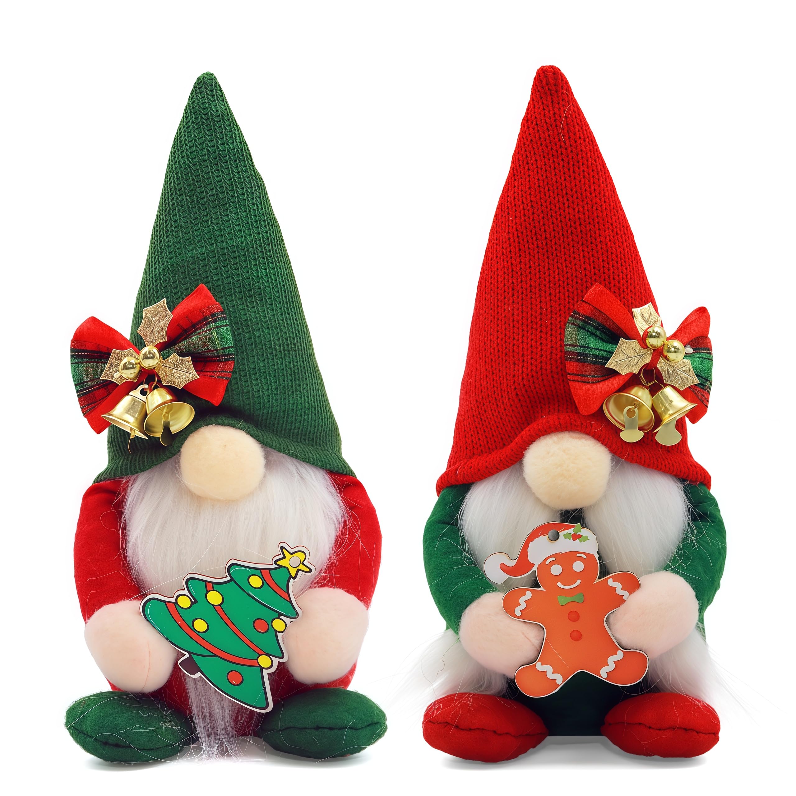 Set of 2 Christmas Gnomes Plush Decorations - Handmade Nordic Tomte Gnome Figures with Gingerbread Tree Ornaments -