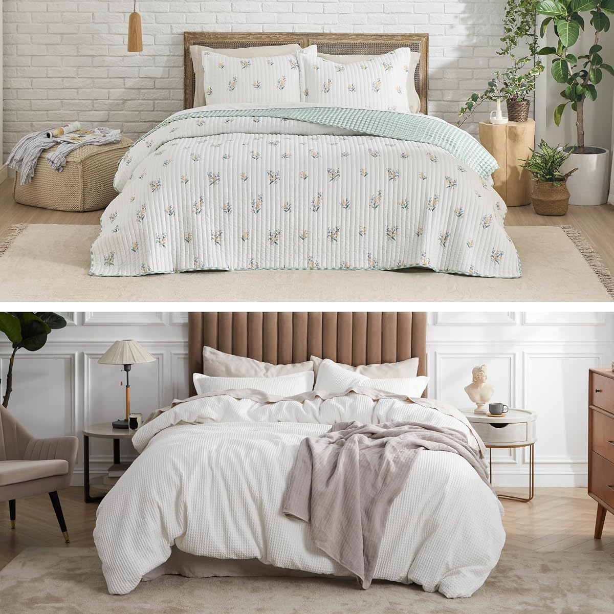 Bedsure Juego de edredón floral tamaño queen y funda de edredón de algodón tamaño queen, colcha de flores botánicas de primavera y funda de edredón blanca de coco con tejido tipo gofre con 2 fundas de almohada