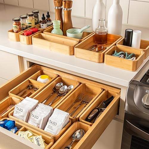 Vista 7 de SMIRLY Juego de organizador de cajones de cocina de bambú de 8 piezas para utensilios grandes y pequeños, caja de almacenamiento multiuso, baño