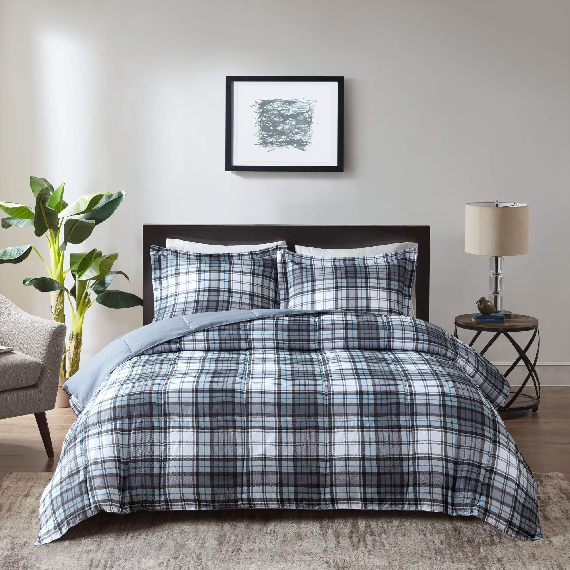 Madison Park Essentials Parkston Plaid Comforter, Matching Sham, 3M Scotchguard Stain Release Cover, Hypoallergenic All Season Bedding-Set, Full/Queen, Grey