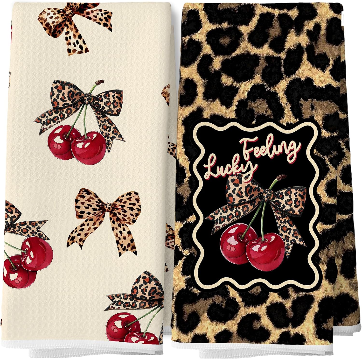 Trendy Cherry Bow Leopard Bathroom Hand Towels, Cherry Bathroom Decor, Coquette Preppy Y2k Cheetah Print Decorative Hand Tea Towels for Bath Room Washroom Restroom, 16x24 Inches Set of 2
