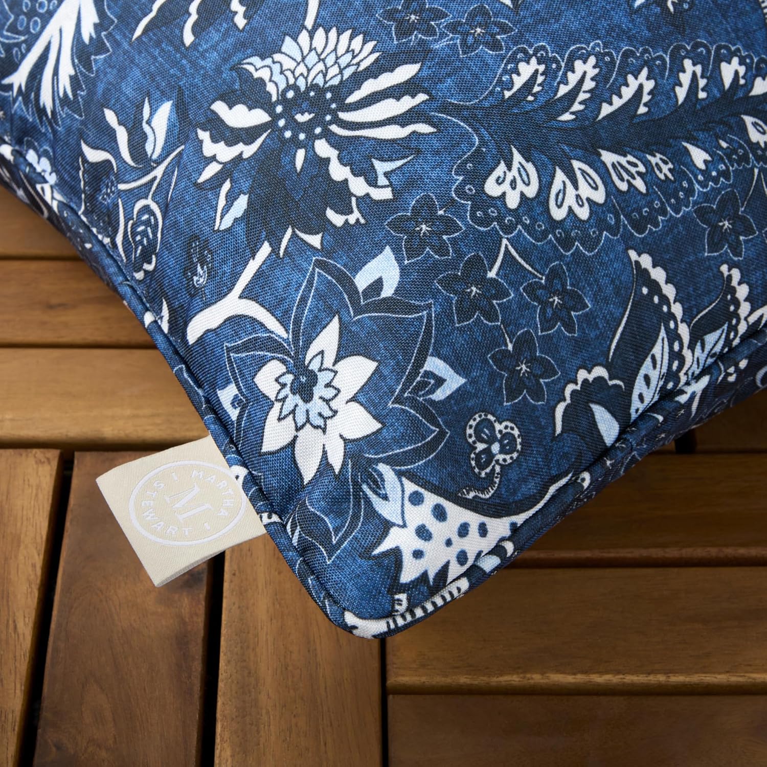 Martha Stewart Distressed Jacobean Indoor Outdoor Decorative Lumbar Pillow 2-Pack Set, UV Fade Resistant, Water Repellent, Printed Floral Design, Navy Blue, 11"x18"