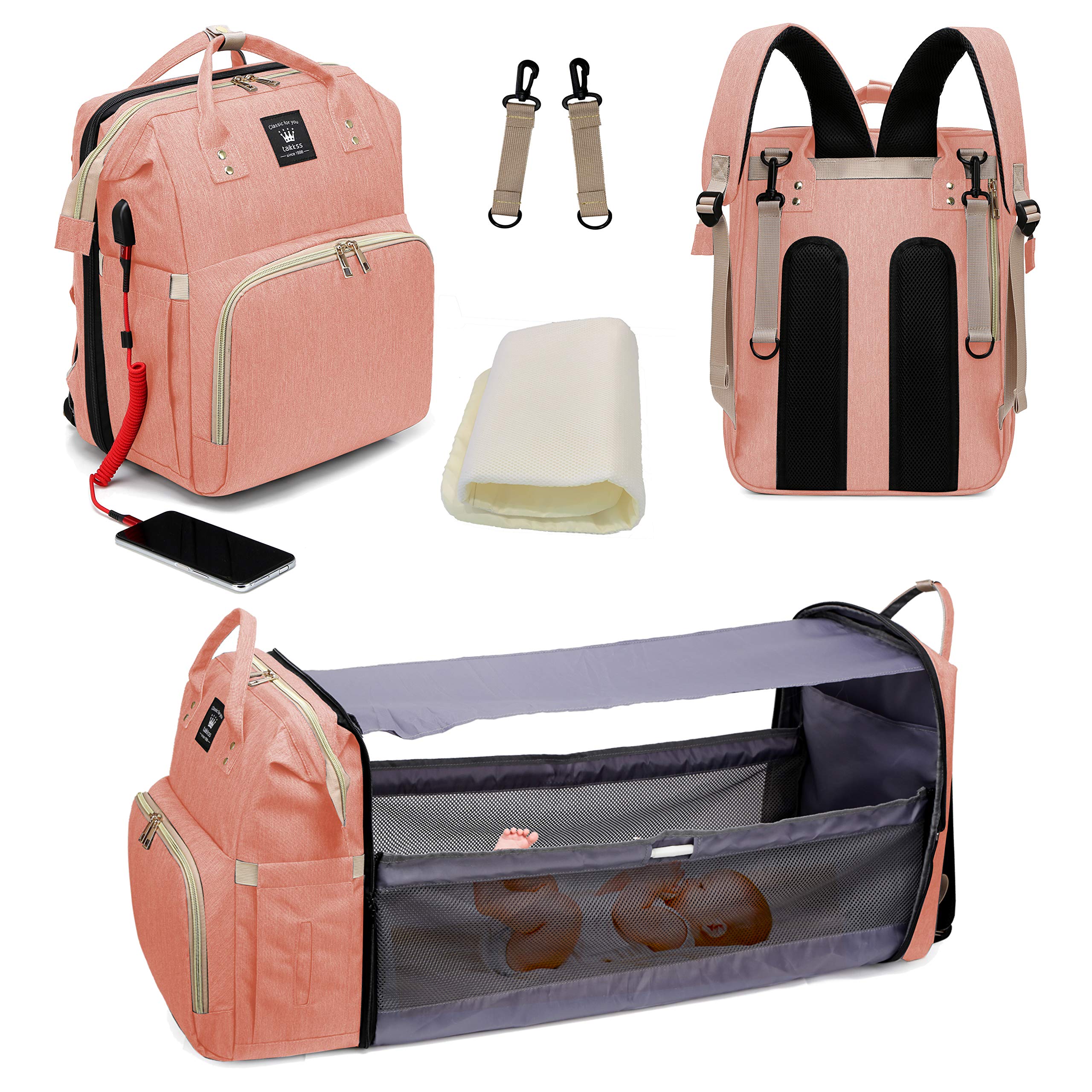 Diaper Bag Backpack with Foldable Crib, Detachable Bassinet, Nappy Bag Changing Station, Portable Travel Baby Bag with Crib, Sunshade Cloth, Free Mattress, Waterproof and Stylish(Pink)