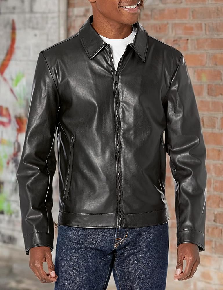 DKNY Men's Faux Leather Classic Laydown Collar Bomber Jacket