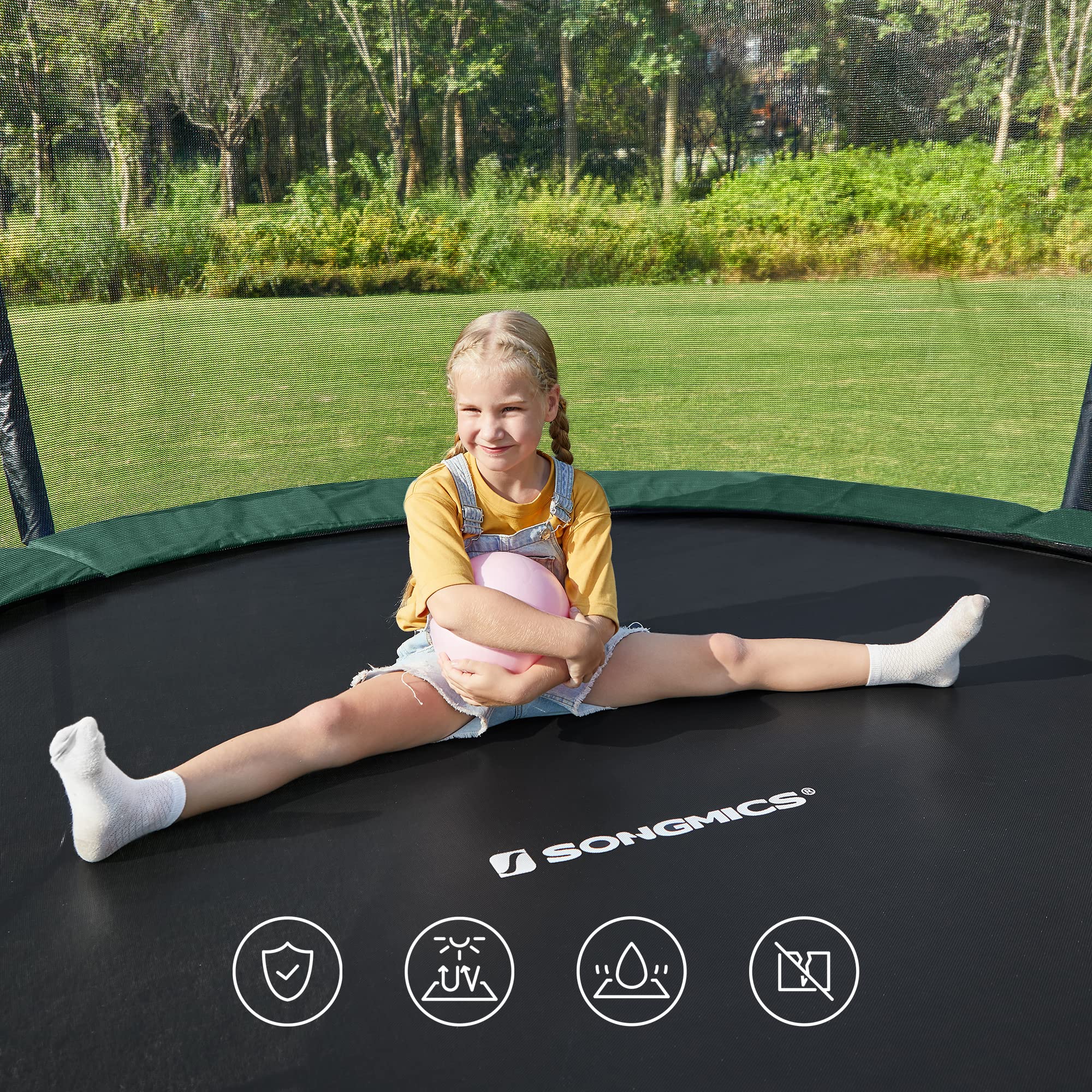 SONGMICS Trampolino, Trampolino da Giardino Rotondo con Rete di Sicurezza Interna, Scala, Pali Imbottiti, per Bambini e Adulti