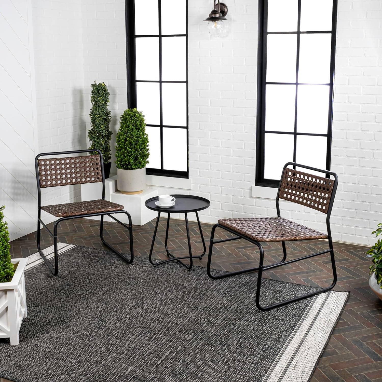 JONATHAN Y LVG1100B-3SET Freja 3-Piece Mid-Century Modern Faux Rattan Conversation Outdoor Patio Set Scandinavian, Classic, Transitional, Bohemian, Traditional, Black/Brown