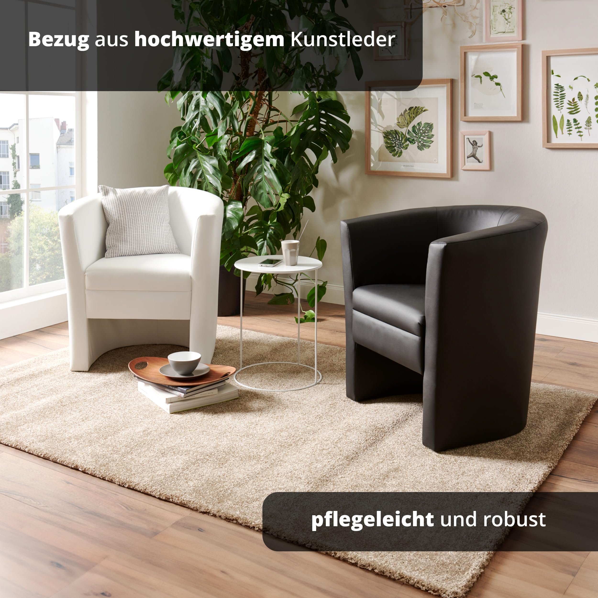 KHG Cocktailsessel Schwarz - Kunstleder, 73x78x60 cm, Sitzhöhe 42cm, Sitzbreite 46cm, Schaumpolsterung, Schlichtes & Zeitloses Design, ideal für Wohnzimmer, Leseecke, Gästezimmer, Bürosessel