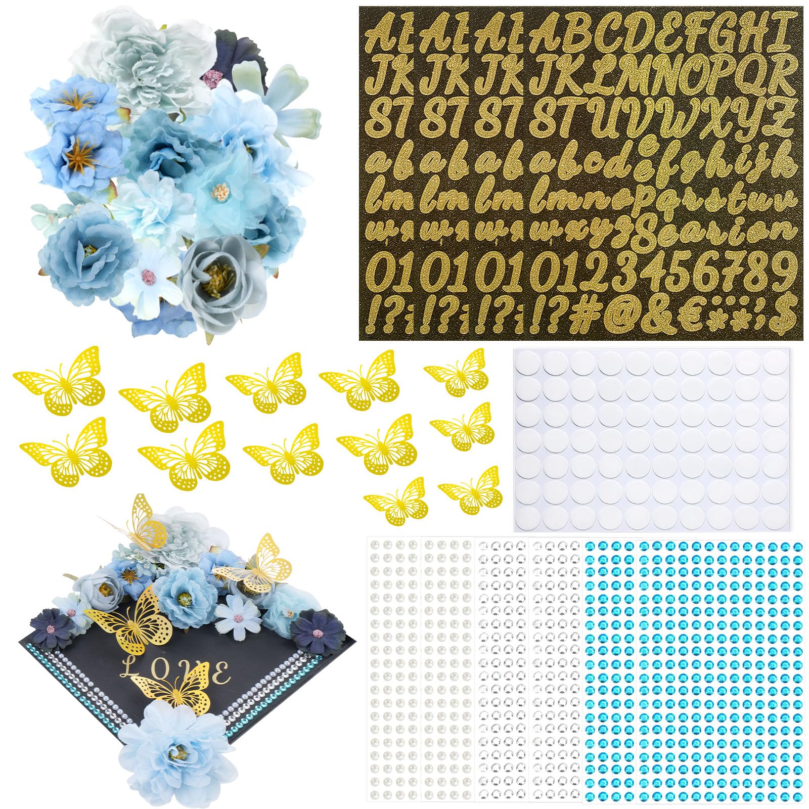 Graduation Cap Decorations Kits Assorted Blue Faux Flower Heads 3D Gold Butterfly Stickers Self Adhesive Rhinestones Glitter Alphabet Letter Stickers for Grad Cap Topper DIY Craft Art Decorations