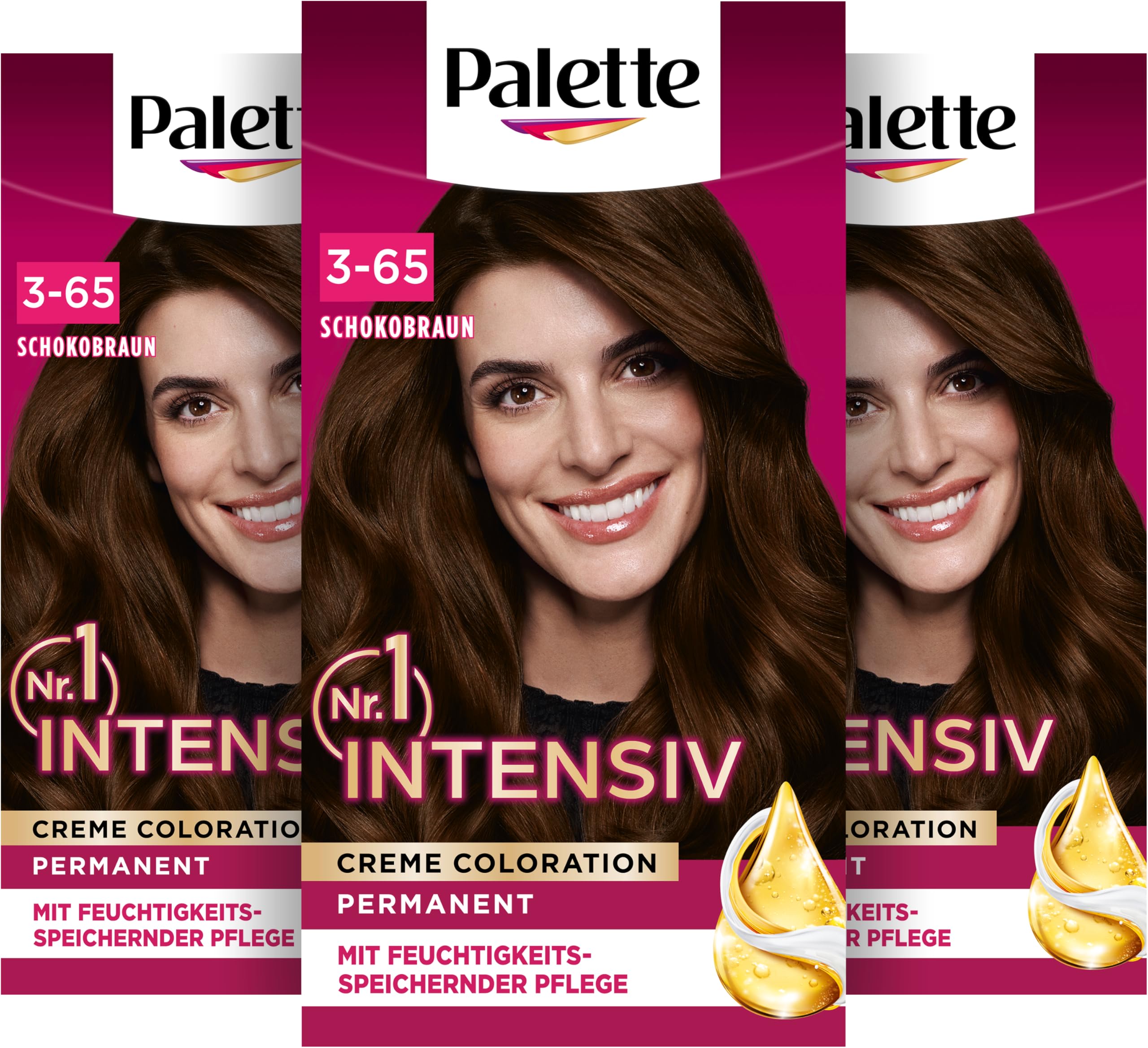 Palette Intensiv Creme Coloration 3-65/750 Schokobraun (3 x 115 ml), permanente Haarfarbe für leuchtende, langanhaltende Farbbrillanz & 100% Grauabdeckung
