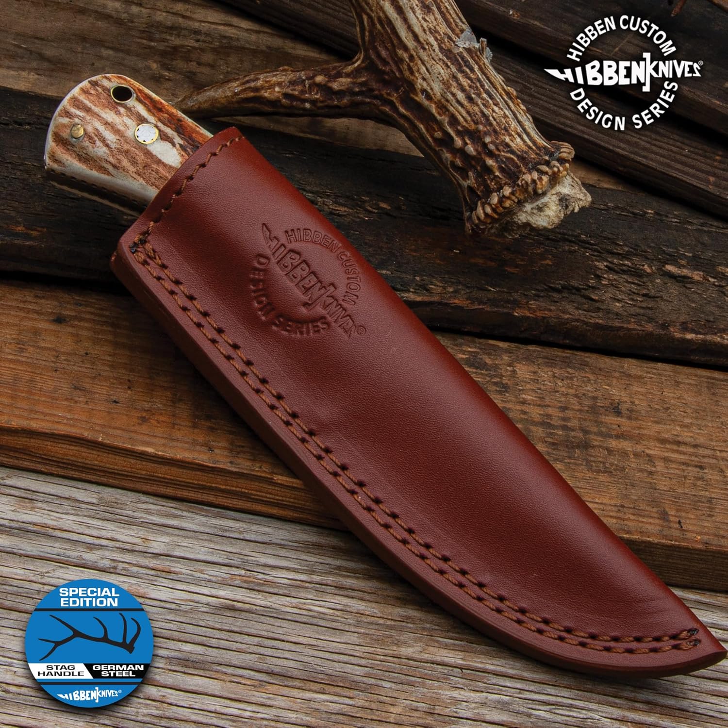Gil Hibben Diamondback Stag Knife & Sheath | German 1.4116 Steel | Hunting & Skinning Knife | Genuine Stag Handle | Nickel Silver Bolster | Length 7 7/8"