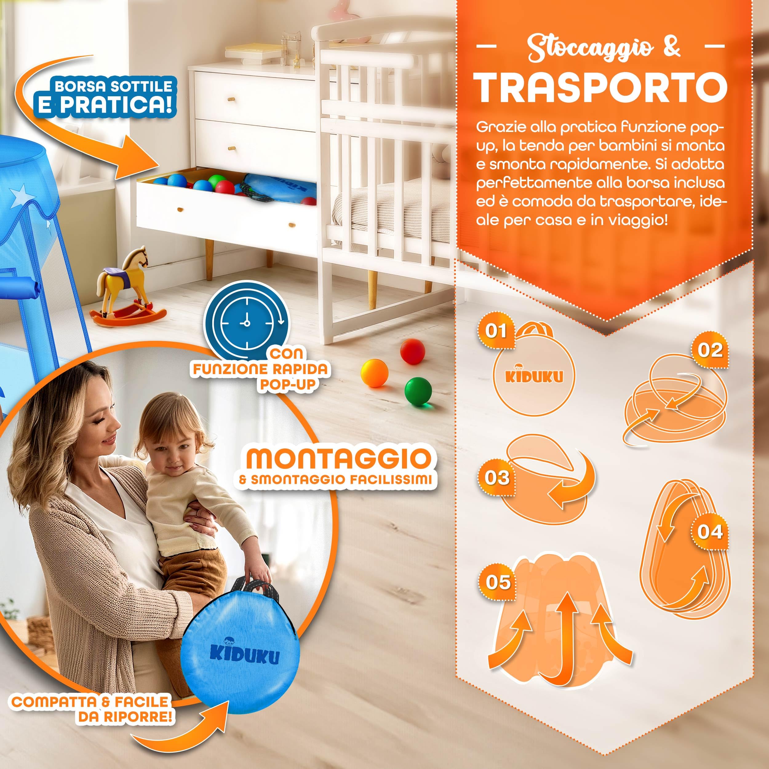 KIDUKU® Tenda da gioco per bambini pop up + 100 palline + borsa per interni ed esternim (Blu)