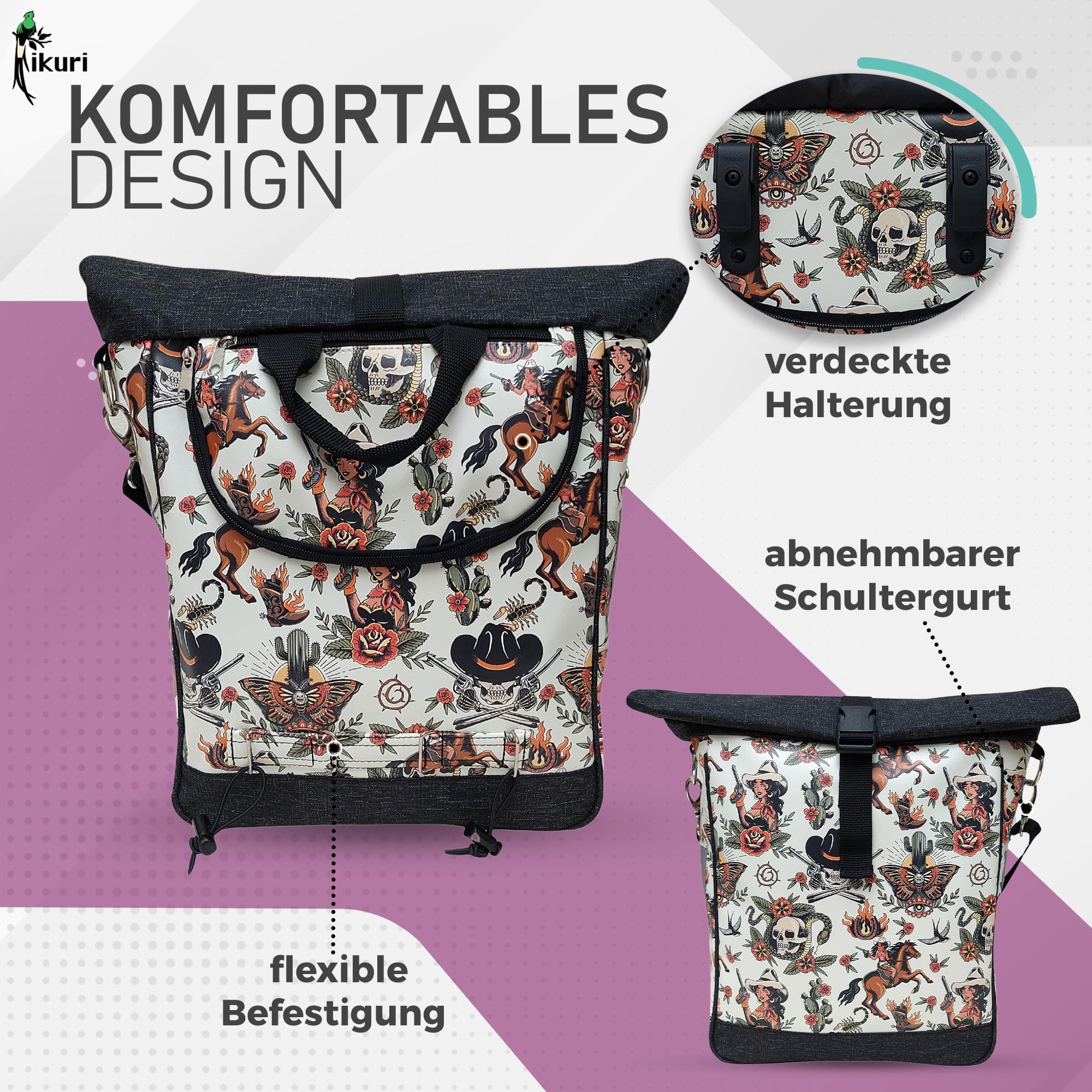 Ikuri Alforja de bicicleta para portaequipajes, bolsa individual, desmontable, con correa para colgar, de lona, unisex, impermeable, modelo vaquera