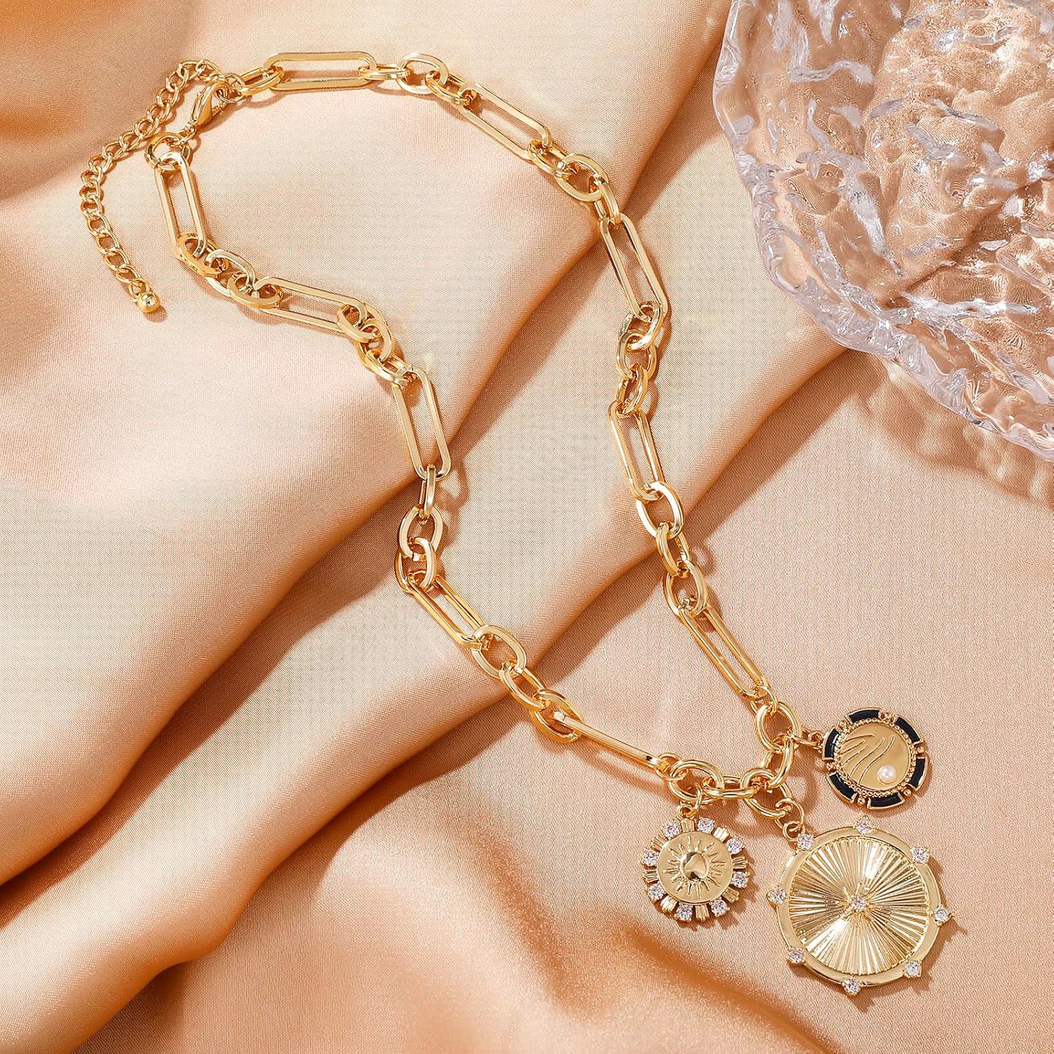 Sun Heart Charm Choker Necklace for Women Men,18k Gold Plated With Zircons Inlaid Pendants,Thick Chunky Paperclip Chain Hip Hop Necklace Unisex Jewelry,Cuban Link Chain for Women Trendy (Sun) - Image 3