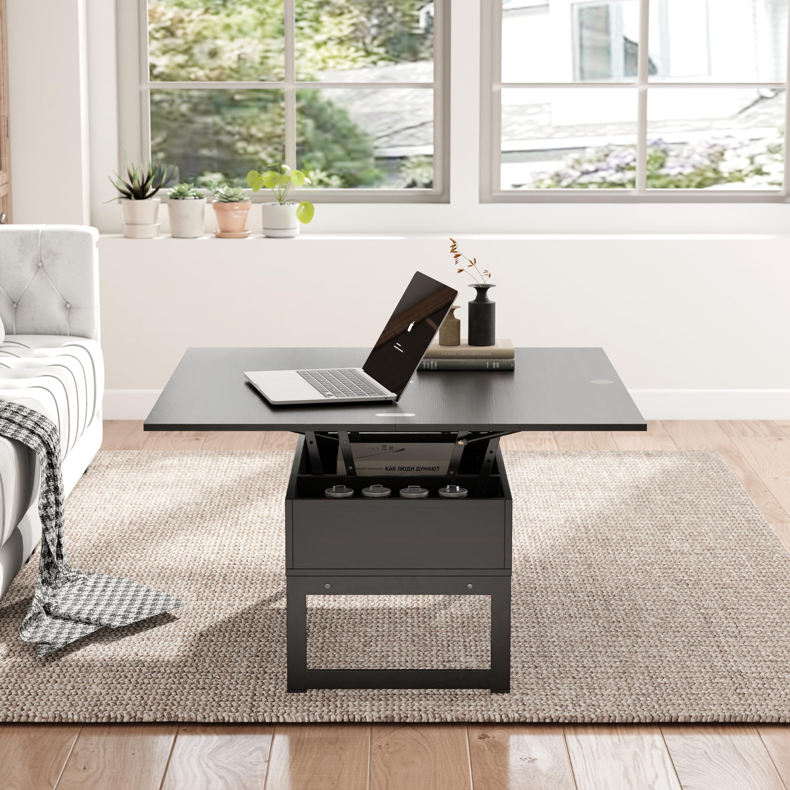 Table Basse Relevable, Tables Basse Extensible Multifonctionnelle 4 en 1 pour Salon, avec 3 Cases de Rangement Cachées, Table Basse Convertible Manger (Pied métallique, Noir brunâtre)