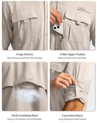 Miniatura 6 de Camisetas de protección solar para pesca de manga larga para hombres, camisas de trabajo de viaje para hombres UPF50+ con botones y bolsillos