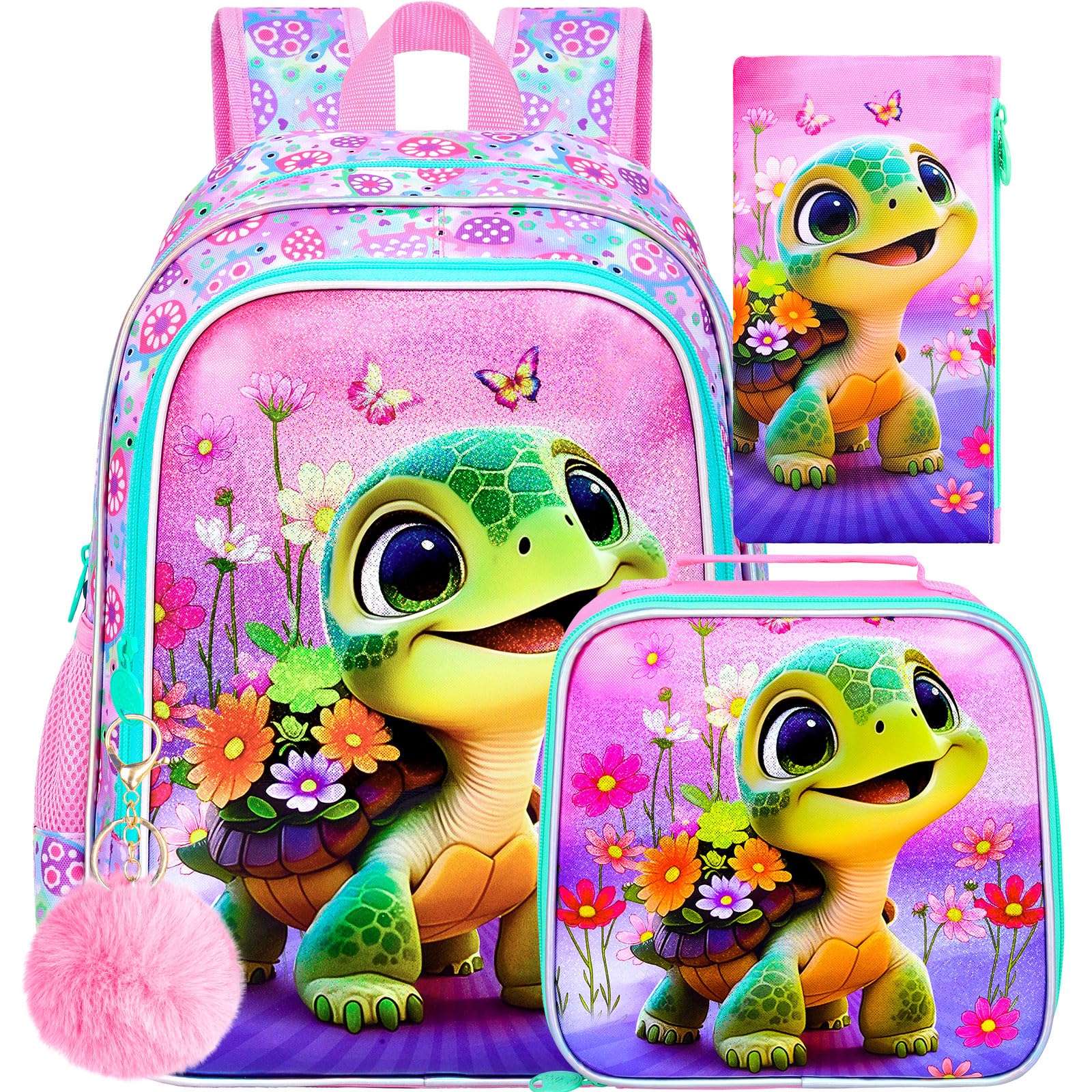 3PCS Girls Turtle Backpack, 16" Kids Bookbag with Lunch Box, Water Resistant Elementary School Bag for Preschool Toddler