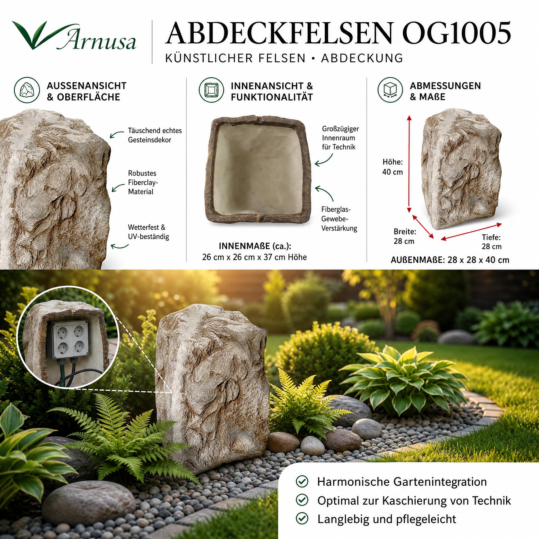 Copertura per rocce da giardino, effetto arenaria, rocce artificiali, 28 x 40 cm, copertura pompa