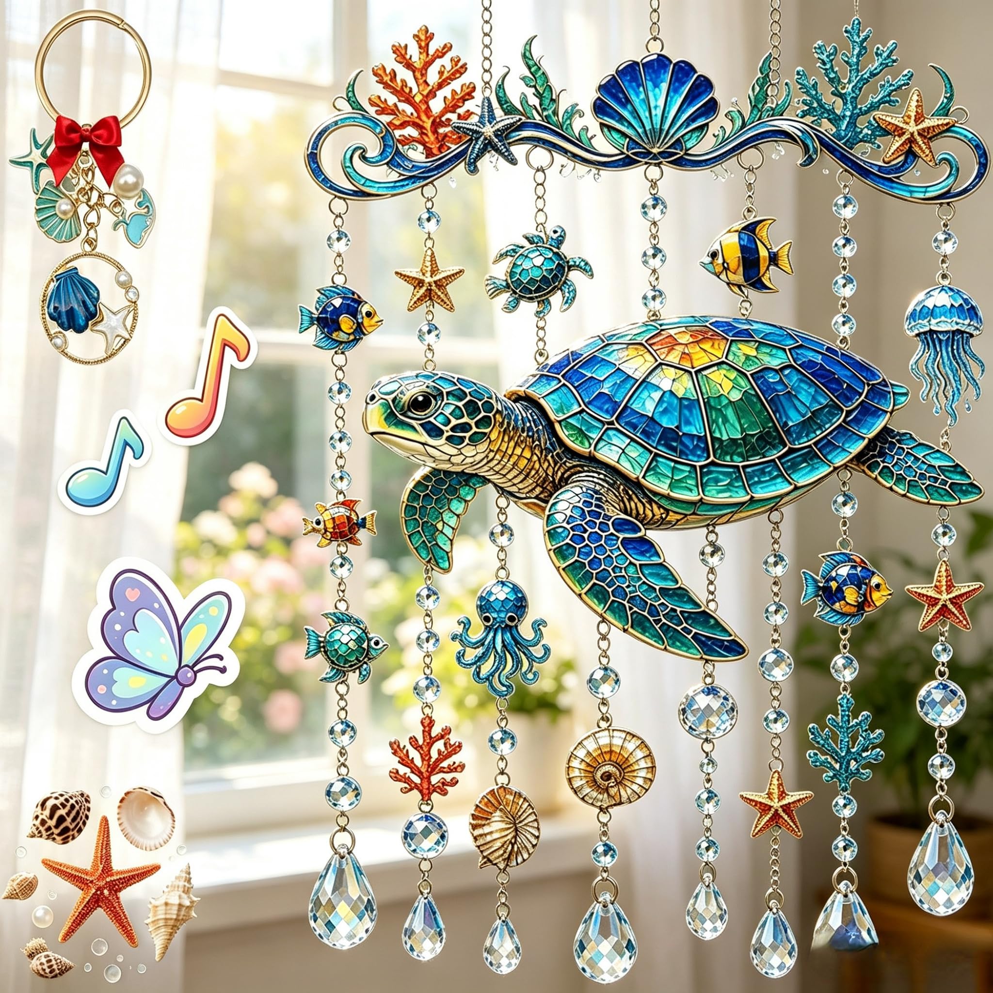 Hanging Ocean Themed Crystal Wind Chime, Stained Acrylic Turtle Wind Chimes