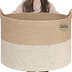 INDRESSME 115L Extra Large Woven Baskets for Storage, Wicker Basket for Living Room Decor Laundry Baskets for Blankets Clothes Pillows Towel Shoe Basket for Entryway, White & Jute