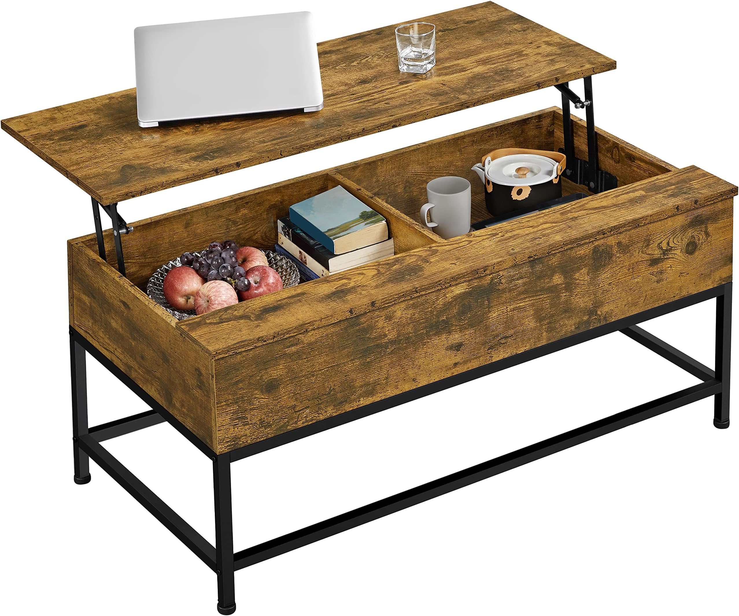 Yaheetech Lift-top Coffee Table with Storage Compartments and Metal Legs for Living Room, Wood Side Tea Table Retractable Sofa Desk for Home, Easy Assembly Rustic Brown