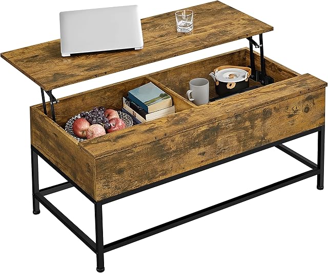 Yaheetech Lift-top Coffee Table with Storage Compartments and Metal Legs for Living Room, Wood Side Tea Table Retractable Sofa Desk for Home, Easy Assembly Rustic Brown