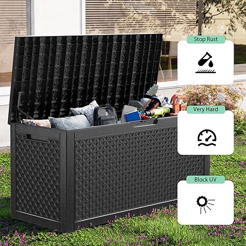 Vista 28 de EasyUp Caja de almacenamiento para exteriores de 230 galones, impermeable, resistente a los rayos UV, con varilla hidráulica, estabilidad reforzada