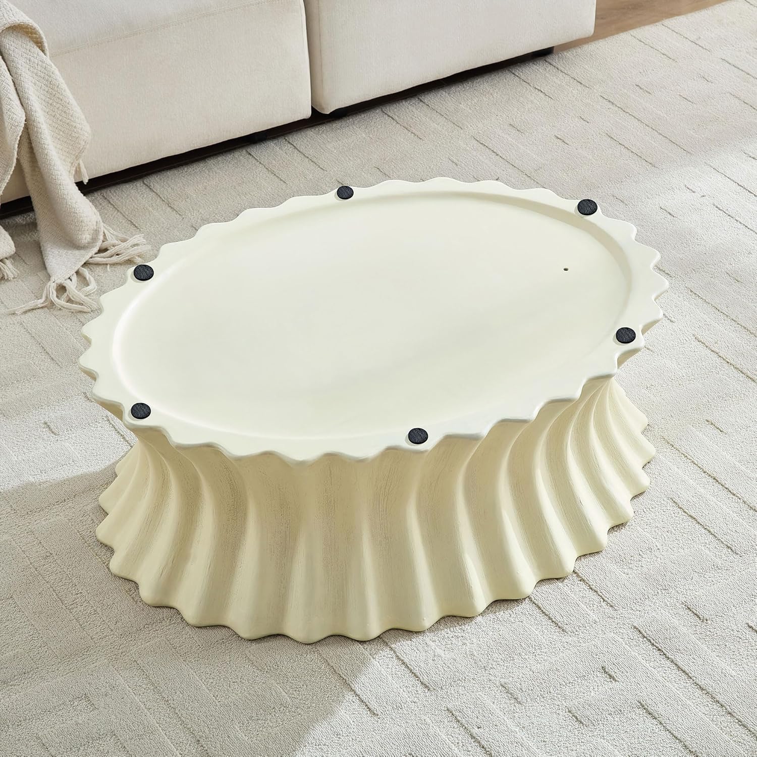 Oval Coffee Table Vintage Waist Shaped Table Fiberglass Center Table for Living Room Apartment Office, 35"x27.6", No Need Assembly Beige