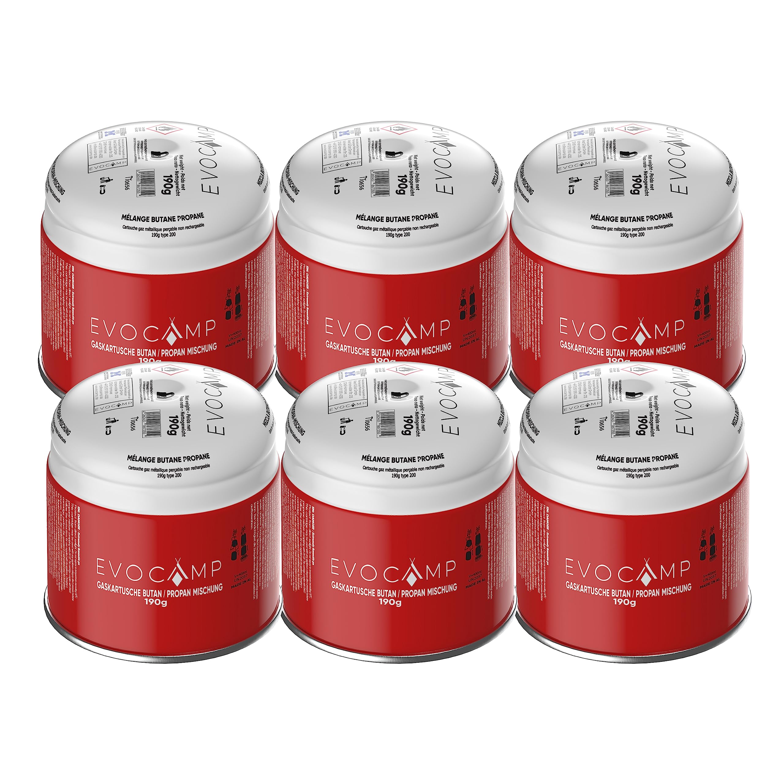 EVOCAMP 6X Stechkartuschen 190g, Propan Butan Gaskartuschen mit integriertem Gas Lock System, Gas Kartusche mit Camping Gas geeignet für Gaskocher, Campingkocher, Gasbrenner, Kohleanzünder, Lötlampe