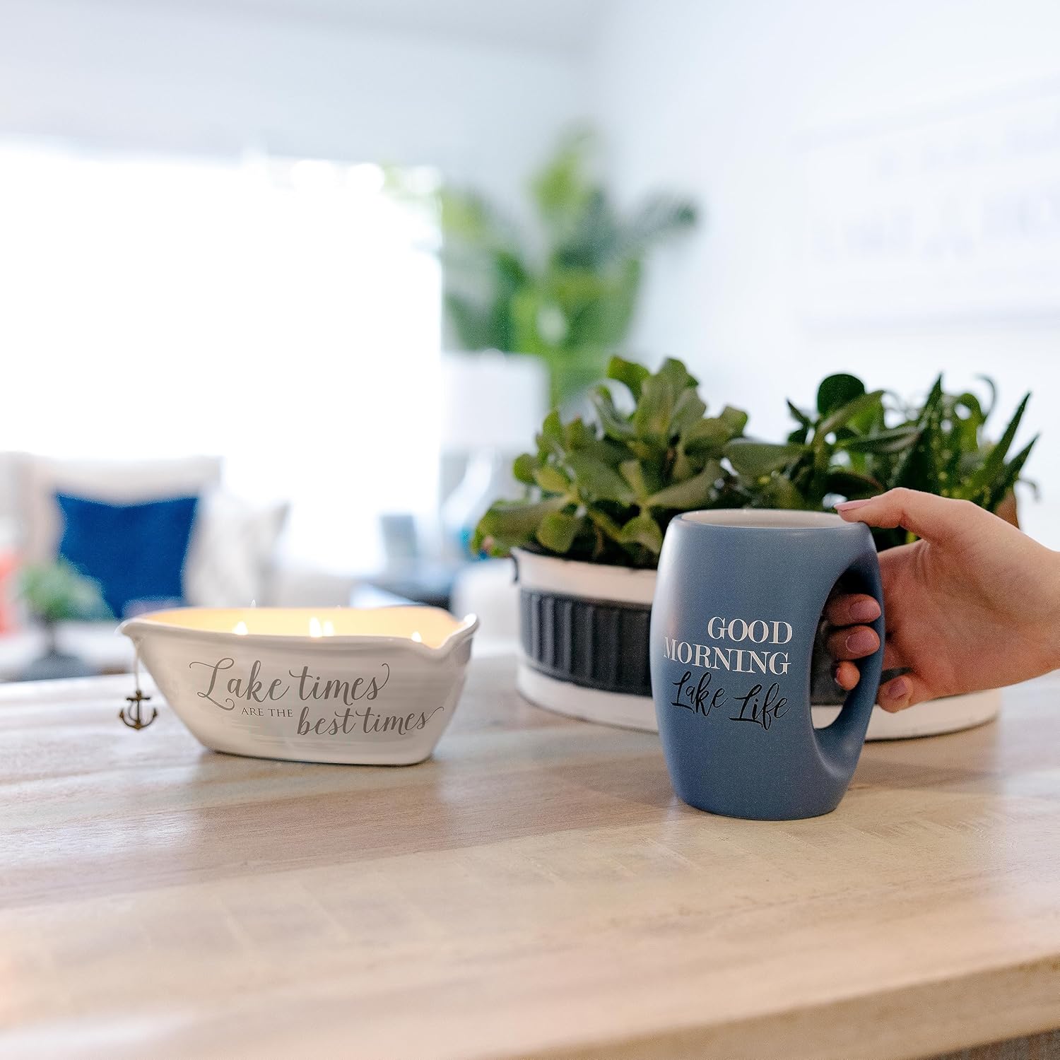 Pavilion Gift Company - 10519 Pavilion Gift Company Blue Huggable Hand Warming 16 oz Coffee Cup Mug Good Morning Lake Life - Image 5