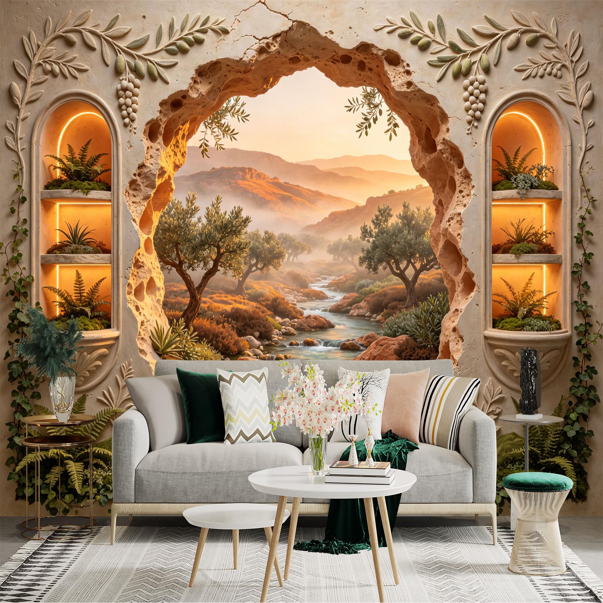 Custom Size Wall Sticker Mural， Mediterranean Landscape with Olive Trees， River and Sunset View， for wall Decoration， peelandstick wall Decals.