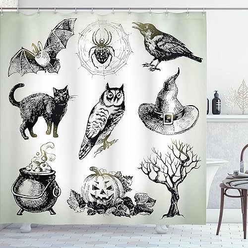 Ambesonne Cortina de ducha vintage de Halloween, imágenes relacionadas con Halloween dibujadas a mano, búho, araña, gato negro, juego de decoración