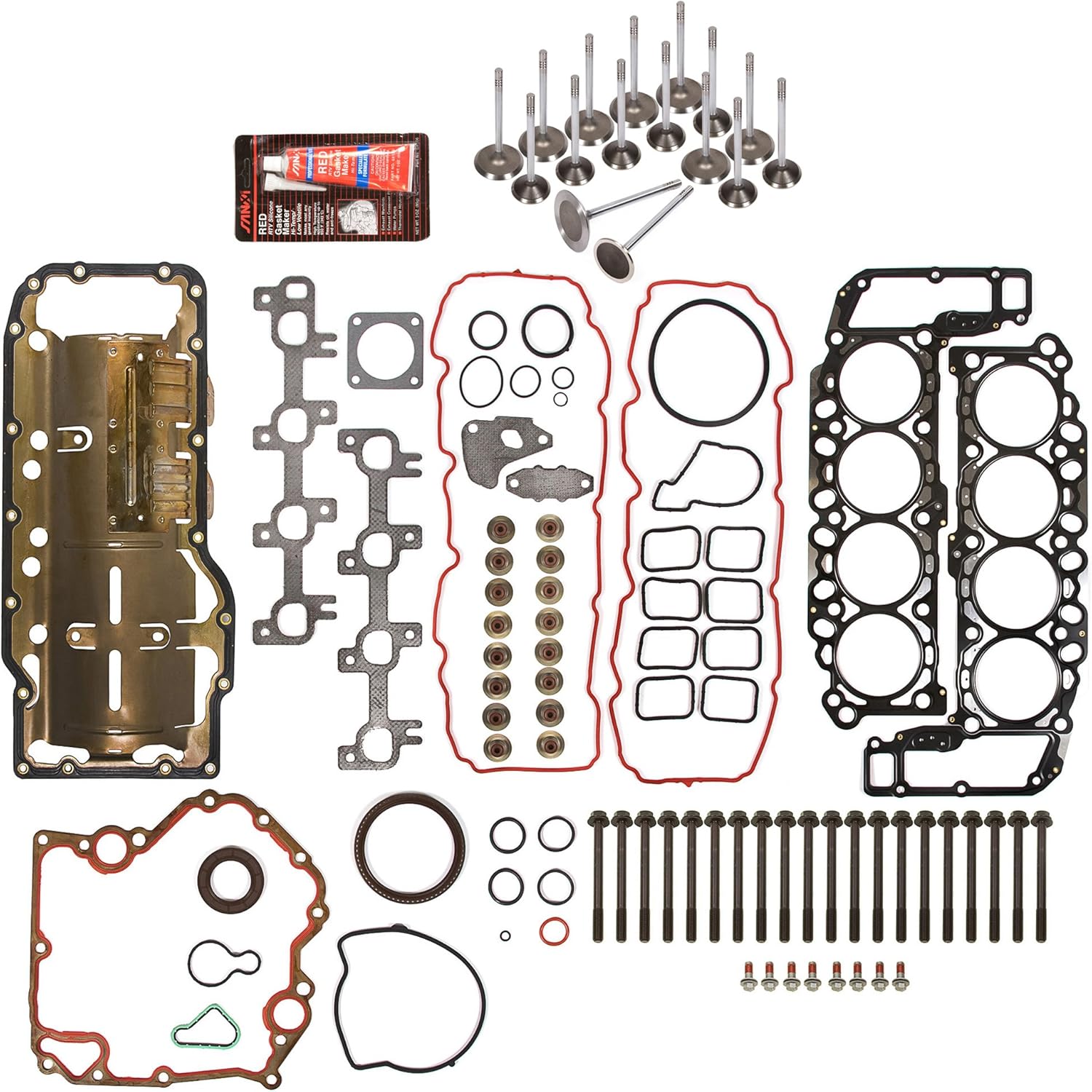 Evergreen FSHBIEV8-30400 Full Gasket Set Head Bolts Intake Exhaust Valves Compatible With Jeep Dodge V8 4.7L VIN CODE J N SOHC