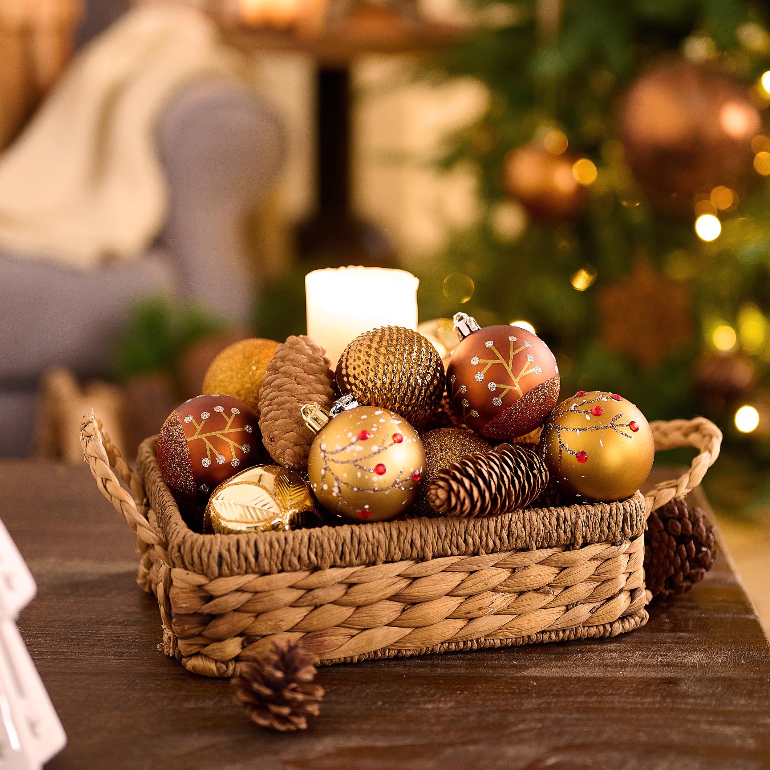 Valery Madelyn Lot de 30 décorations de sapin de Noël incassables en bronze, cuivre et or, 6 cm, marron forêt à suspendre pour décoration de Noël