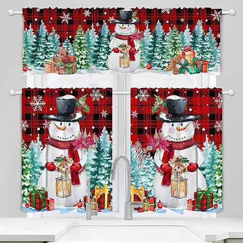 Cortinas de cocina de Navidad, decoración de ventana de Navidad, juego de 3 cortinas de cocina con bolsillo para barra, decoración de cocina de