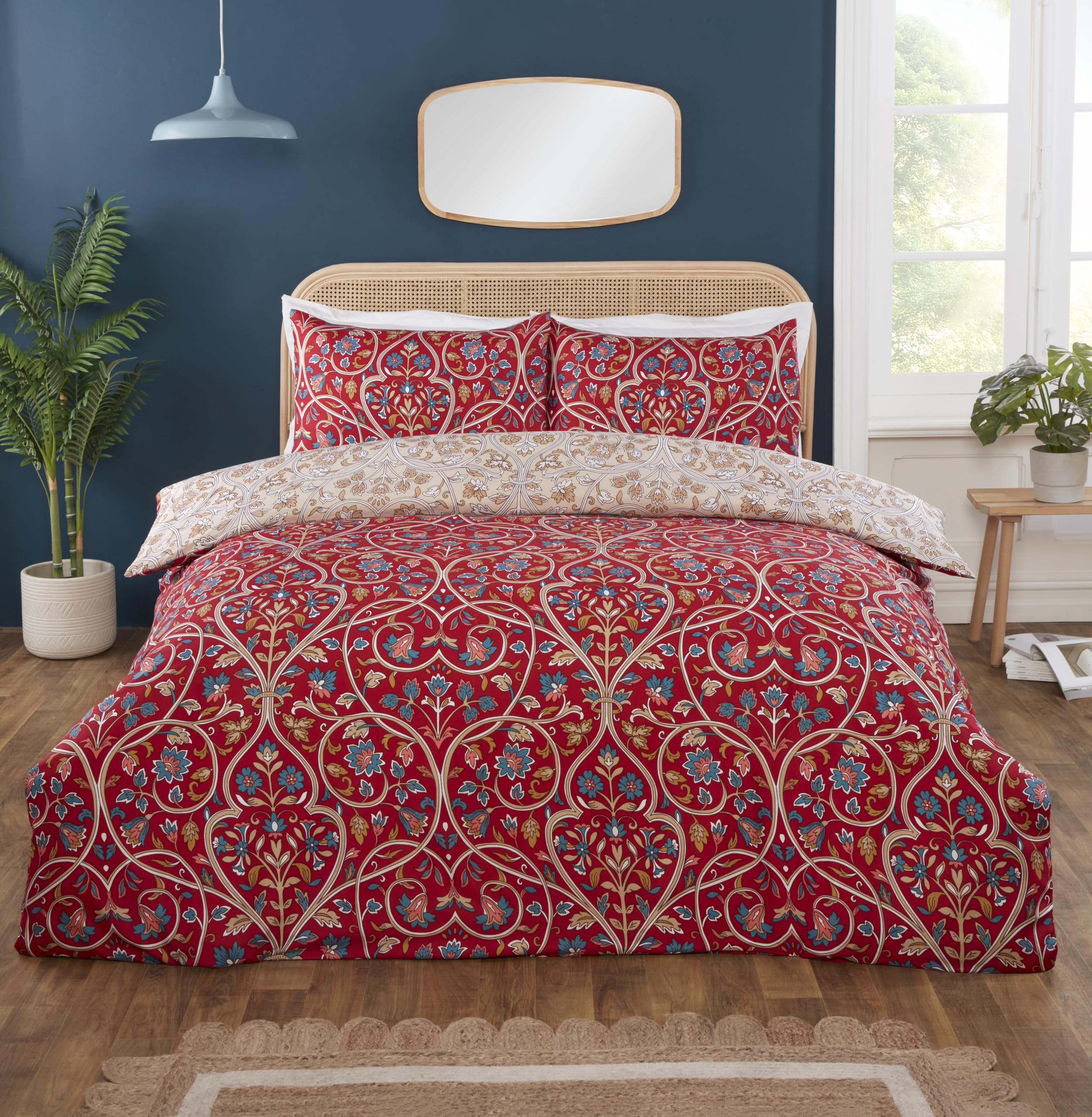Rapport home Harrow Microfibre Duvet Cover Set Single | Luxurious Floral Vintage Damask Reversible 2-Piece Bedding for Bedroom Comfort | Ruby Red