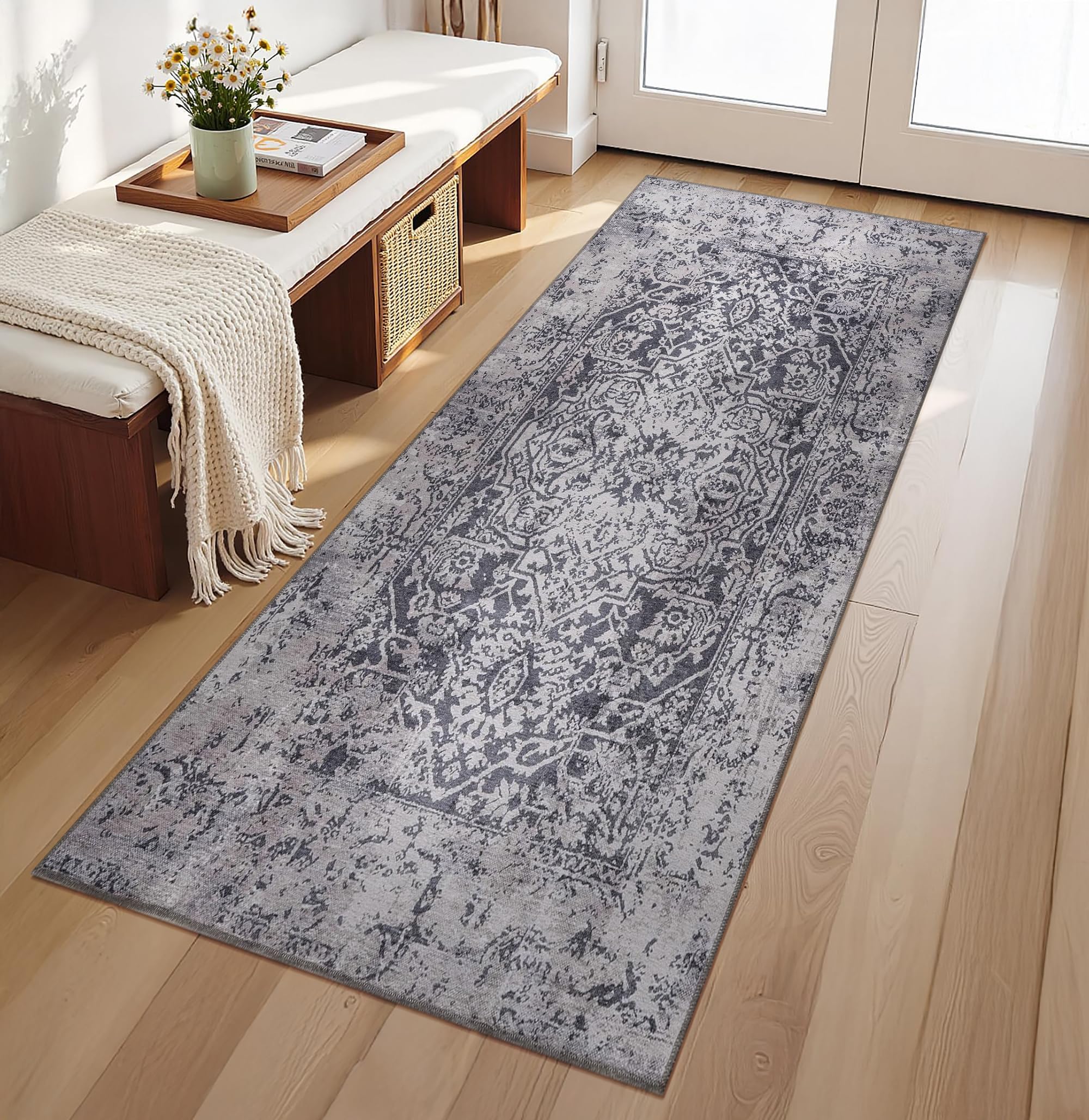 RUGS DEPOT Machine Washable Area Rug for Living Room 80x150 cm – 4 mm Thin Vintage Chenille Carpet with Non-Slip Cotton Backing | Soft Low-Pile Washable Rug for Bedroom & Hallway — image 1