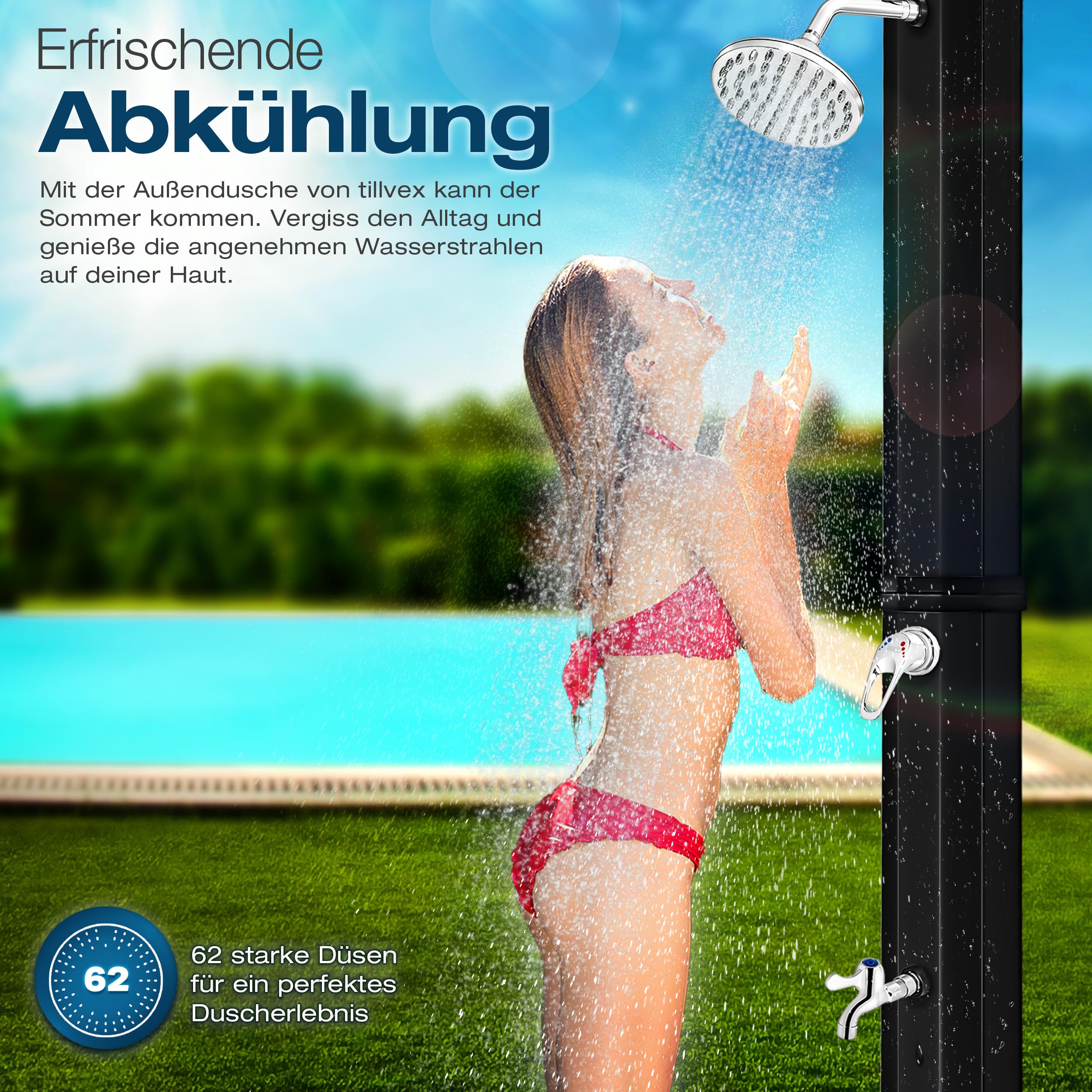 tillvex Solardusche 60 Liter inkl. Abdeckung | Solar Garten-dusche warmes Wasser | Pooldusche Camping | ohne Stromanschluss | mit Wasserhahn | Gartenschlauch-Anschluss