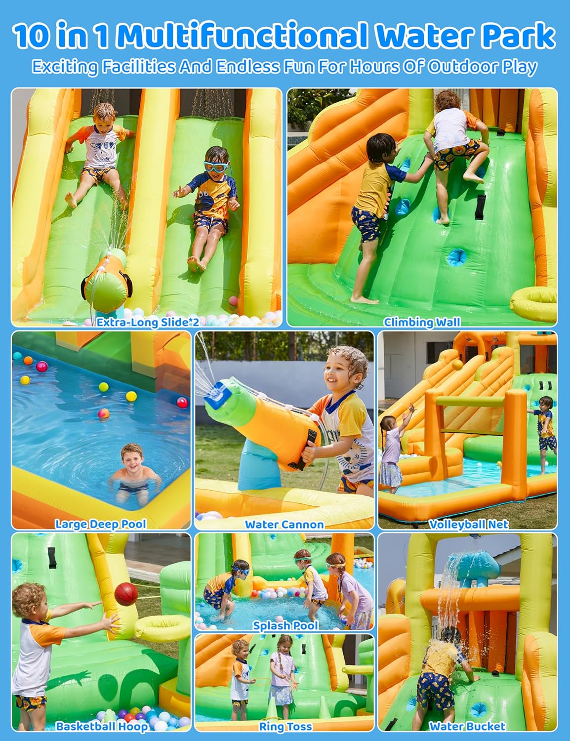 AirMyFun Inflatable Water Slide for Kids Backyard, 10 in 1 Water Park with Double Long Slides, Climbing Wall, Basketball Hoop, Water Cannon, Inflatable Water Bounce House with Blower