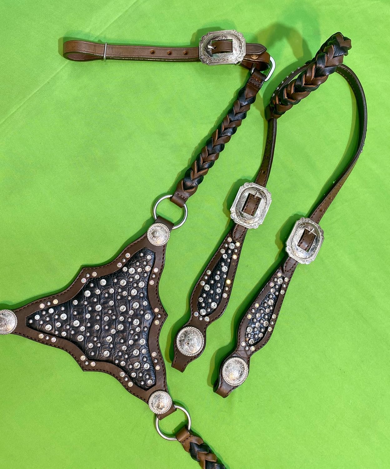 Black Alligator One Ear Headstall Bridle & Breast Collar Set - Genuine Argentine Cow Leather, Clear Rivets & Silver Studs Decoration