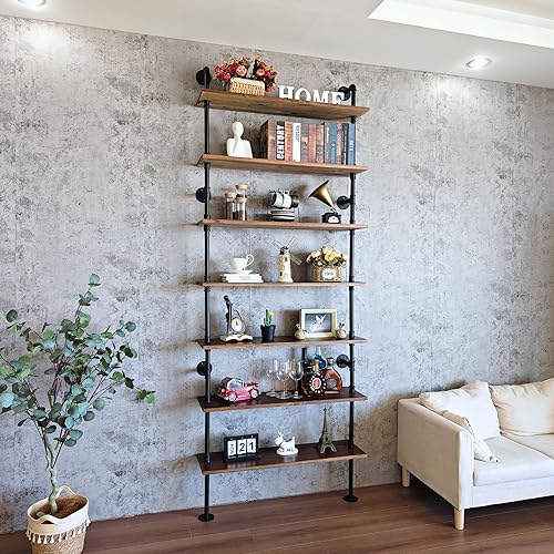 Miniatura 94 de Estantería industrial de 5 niveles, estantería rústica de tubería de metal de madera montada en la pared para sala de estar (marrón envejecido, 10