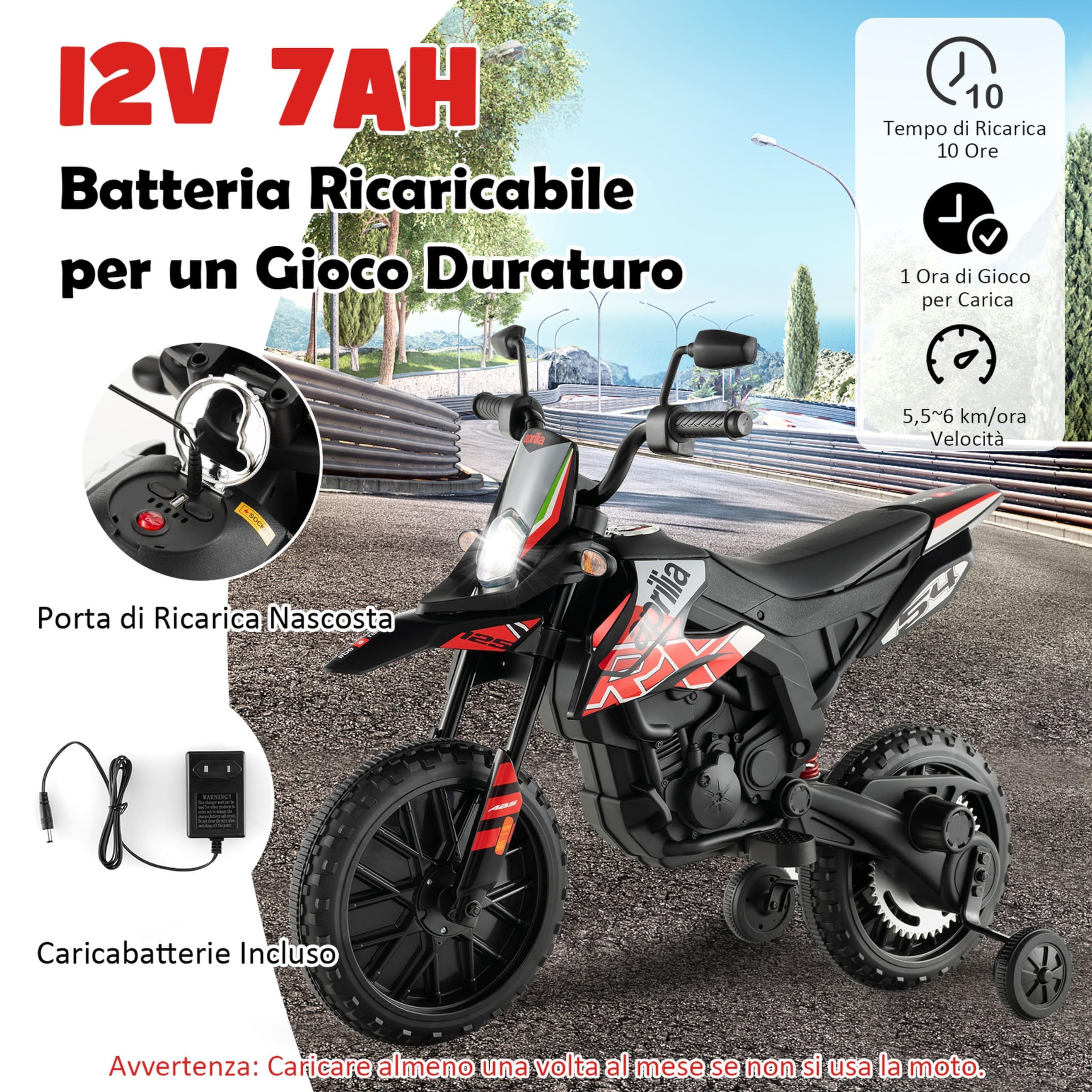RELAX4LIFE Moto Elettrica Aprilia RX 12 V per Bambini, con Rotelle Ausiliarie, 5,5-6 km/h, Luci,Musica,Fari, Carico 30 KG, per 3-8 Anni