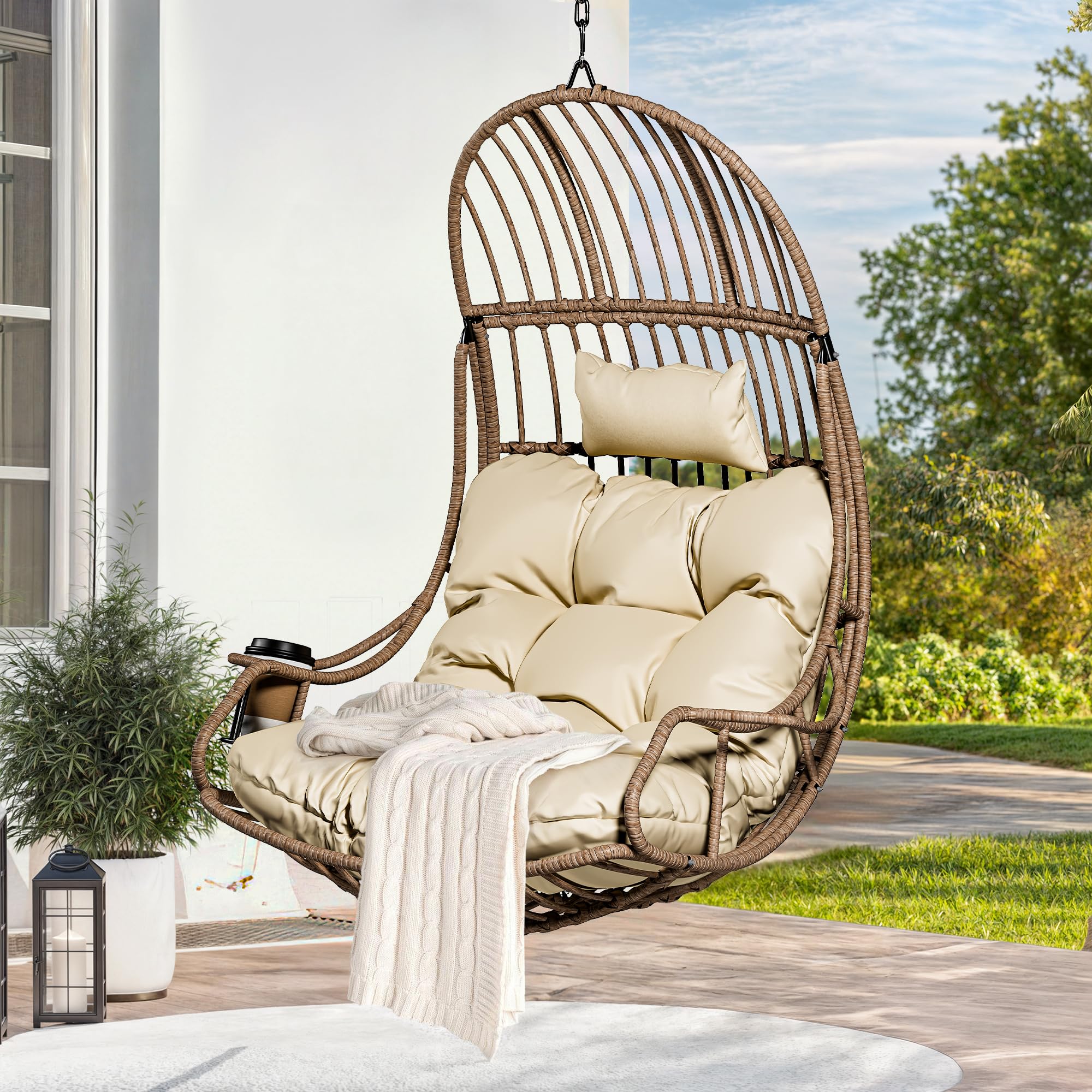 YITAHOME Hängesessel Eierschaukel 150 kg Belastbarkeit, Rattan Schaukelsessel mit Kissen & Getränkehalter, Hängekorbstuhl für Garten, Terrasse, Balkon, Wohnzimmer, Beige