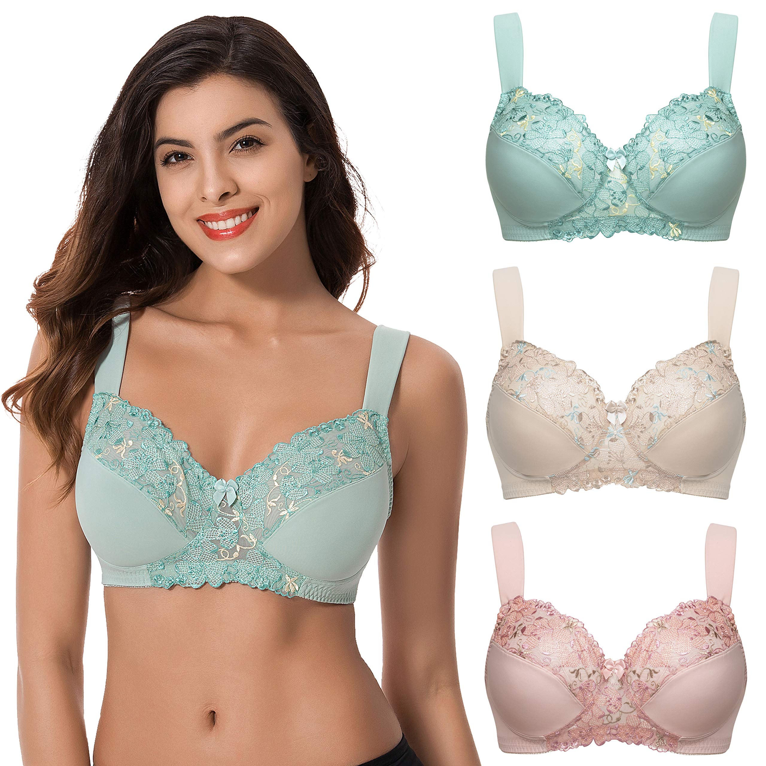 Curve Muse Plus Size Minimizer Unlined Wireless Bra with Lace Embroidery-3Pack