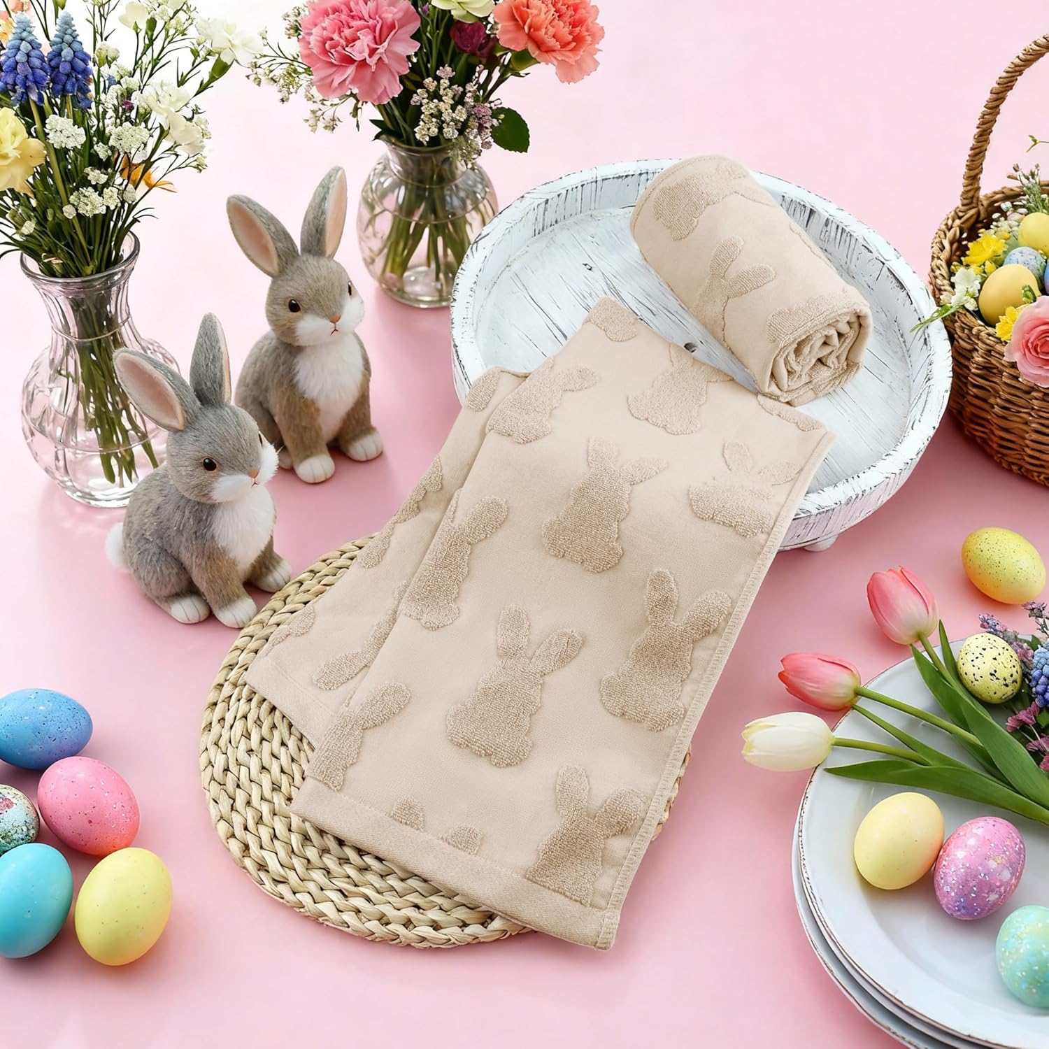 2 Pcs Easter Hand Towels for Bathroom Cotton Happy Easter Bunny Jacquard Decorative Kitchen Dish Towels Set Soft Absorbent Holiday Bath Towel for Spring Home Decor Gift, 13.7 x 29.5 Inch - Image 6