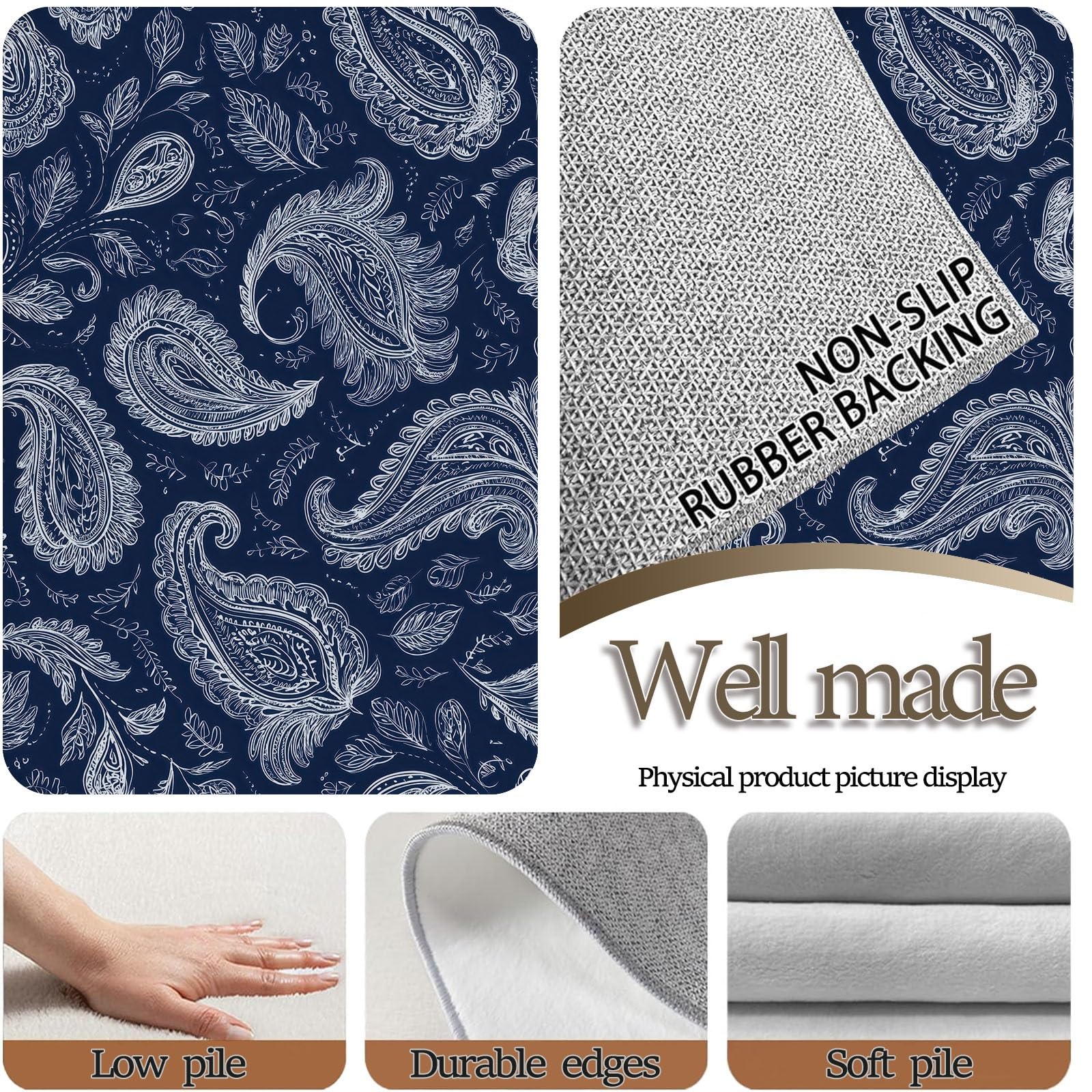 Dywan do salonu, można prać w pralce, 160 x 230 cm, dywan Paisley, antypoślizgowy, białe liście kwiatów nerkowca, niskie runo, nie gubi włosia, nadruk, do jadalni, domu, biura, sypialni