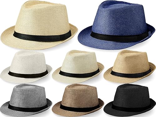 Paquete de 8 sombreros de paja Panama Trilby Fedora con cinturón de cuero, sombreros de paja de ala corta, sombrero de playa de verano para hombres